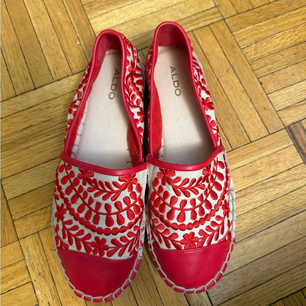 Aldo Red and Cream Embroidered Espadrilles